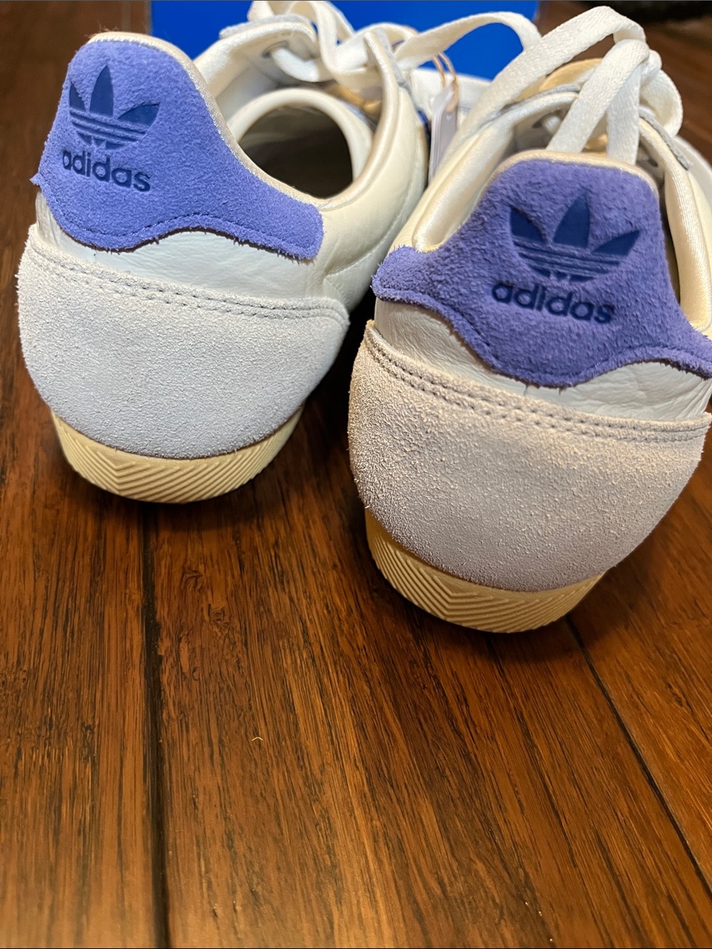 adidas womens japan White Leather Sneakers with Blue Stripes and Yellow Gum Sole - Picture 11 of 14
